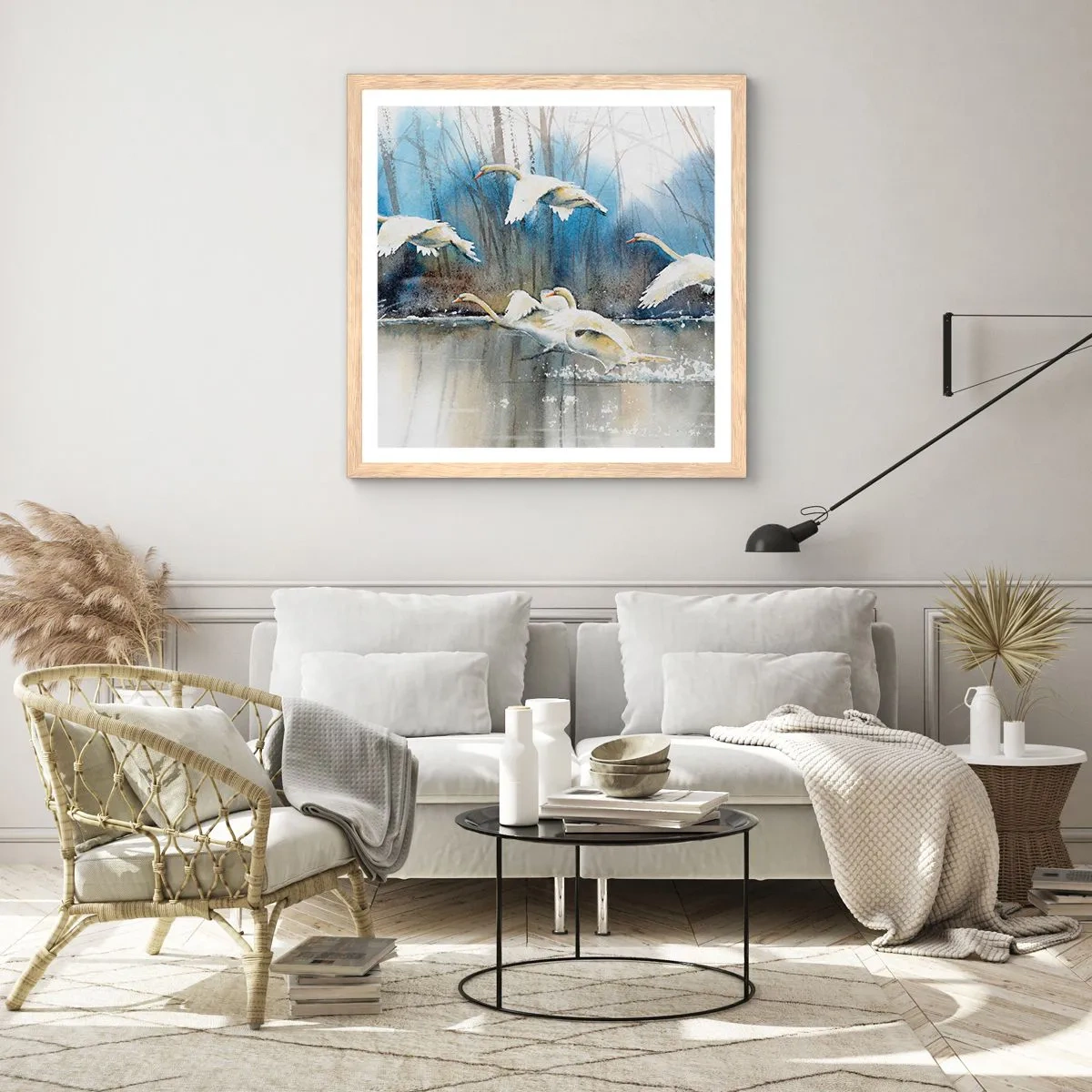 Plakat i ramme af lyst egetræ - Som i en fortælling om vilde svaner - 30x30 cm