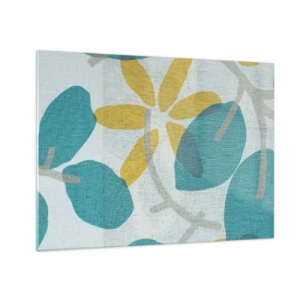 Billede på glas - En plantegrafik med azurblå blade og gule blomster - 70x50cm - Blandt azurblå blade - Moderne vægdekoration til stue og soveværelse ARTTOR