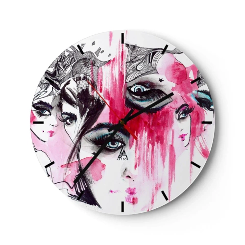 Vægur, Uret - Abstrakte kvindeportrætter i pink og sort - 30x30cm - Abstrakte øjne - Moderne vægdekoration til stue, køkken og soveværelse ARTTOR