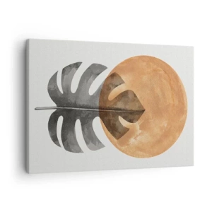 Lærredstryk - Billede på lærred - Monsterablad og guldcirkel på en lys baggrund - 70x50cm - Altid solen - Moderne vægdekoration til stue og soveværelse ARTTOR