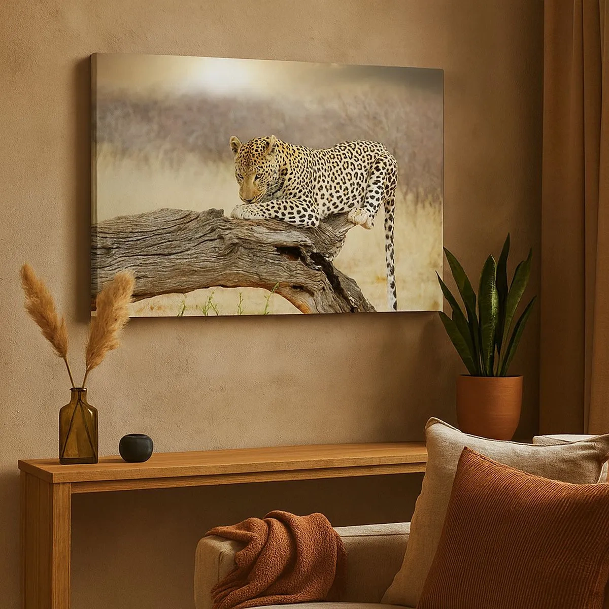 Lærredstryk - Billede på lærred - En leopard hviler på en træstamme i savannen - 70x50cm - Jeg går min egen vej - Moderne vægdekoration til stue og soveværelse ARTTOR