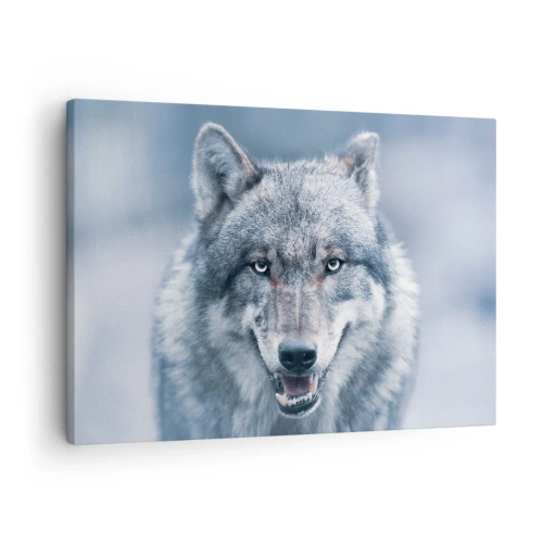 Lærredstryk - Billede på lærred - En ulv med et intenst blik i et vinterlandskab - 70x50cm - Vil du tage udfordringen op? - Moderne vægdekoration til stue og soveværelse ARTTOR