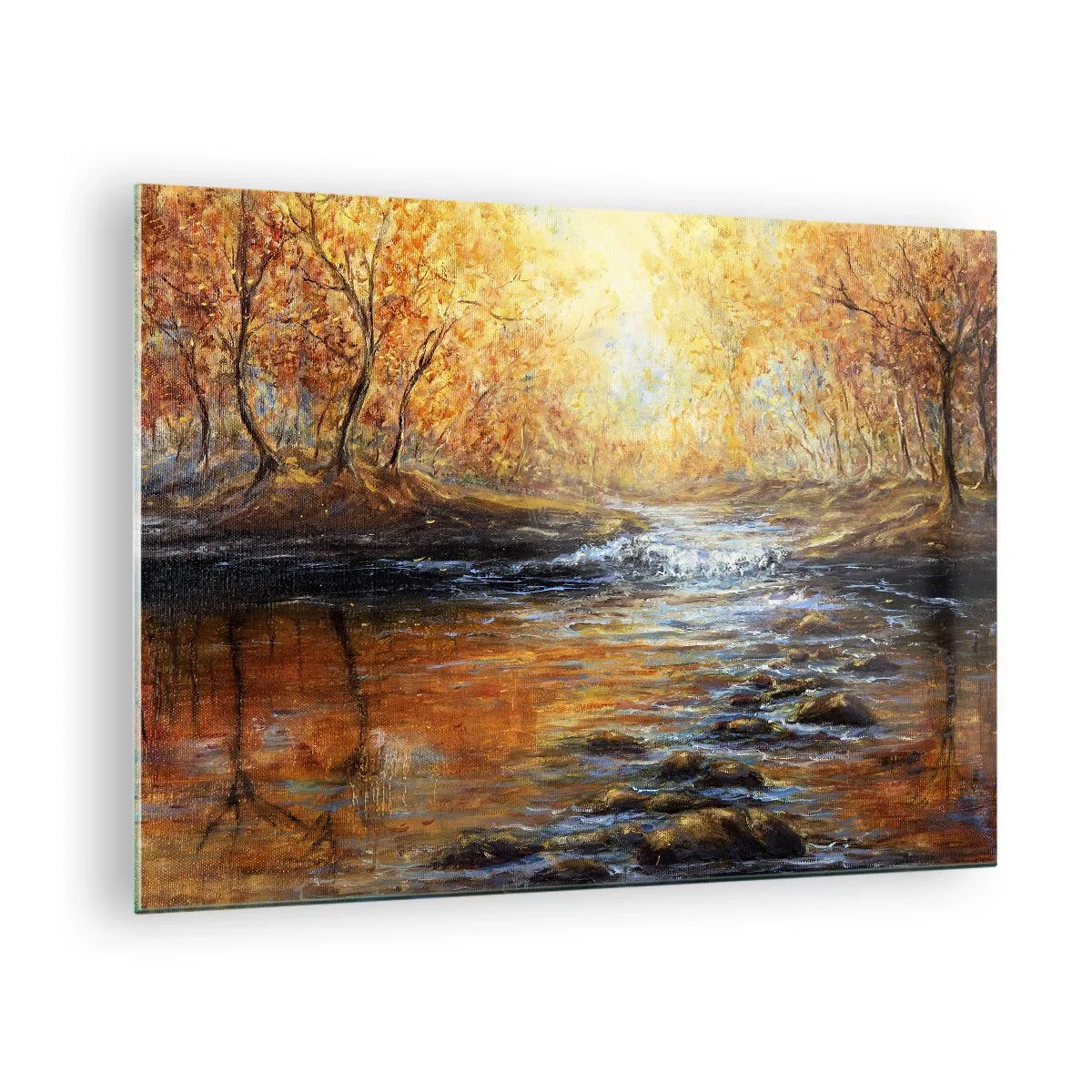Billede på glas - En gylden strøm i skoven omgivet af efterårstræer - 70x50cm - Gylden strøm - Moderne vægdekoration til stue og soveværelse ARTTOR