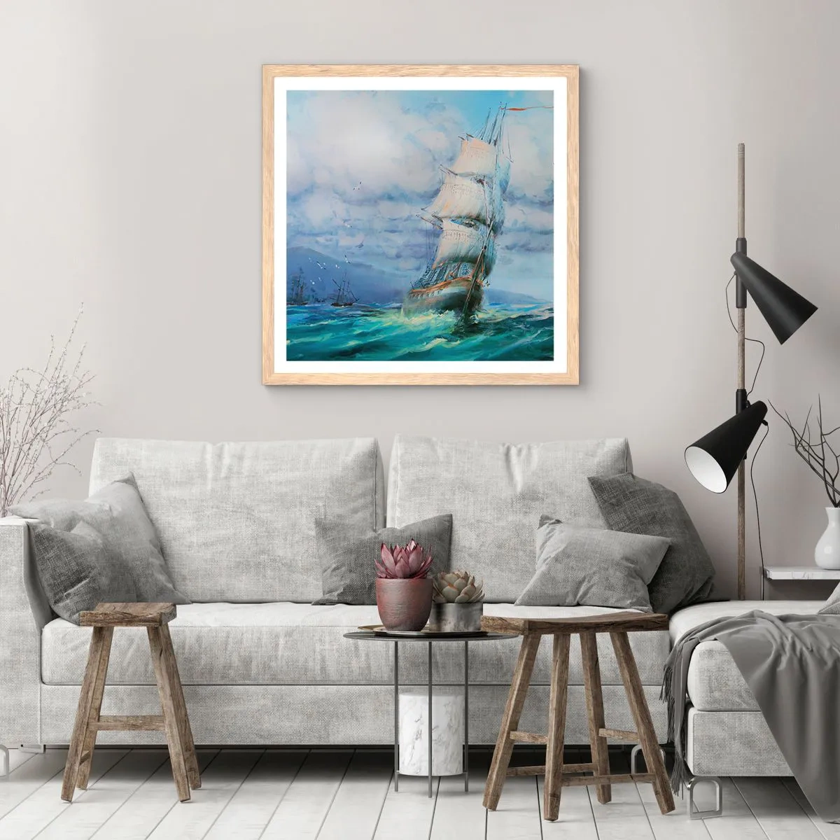 Plakat i ramme af lyst egetræ - God vind - 30x30 cm