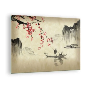 Billede på glas - Orientalsk fiskescene med kirsebærblomstgren og bjerge - 70x50cm - I kirsebærblomsternes land - Moderne vægdekoration til stue og soveværelse ARTTOR