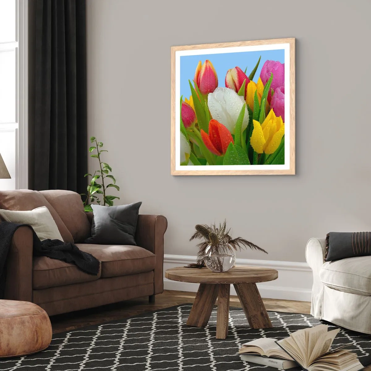 Plakat i ramme af lyst egetræ - En blomstret regnbue i dugdråber - 60x60 cm