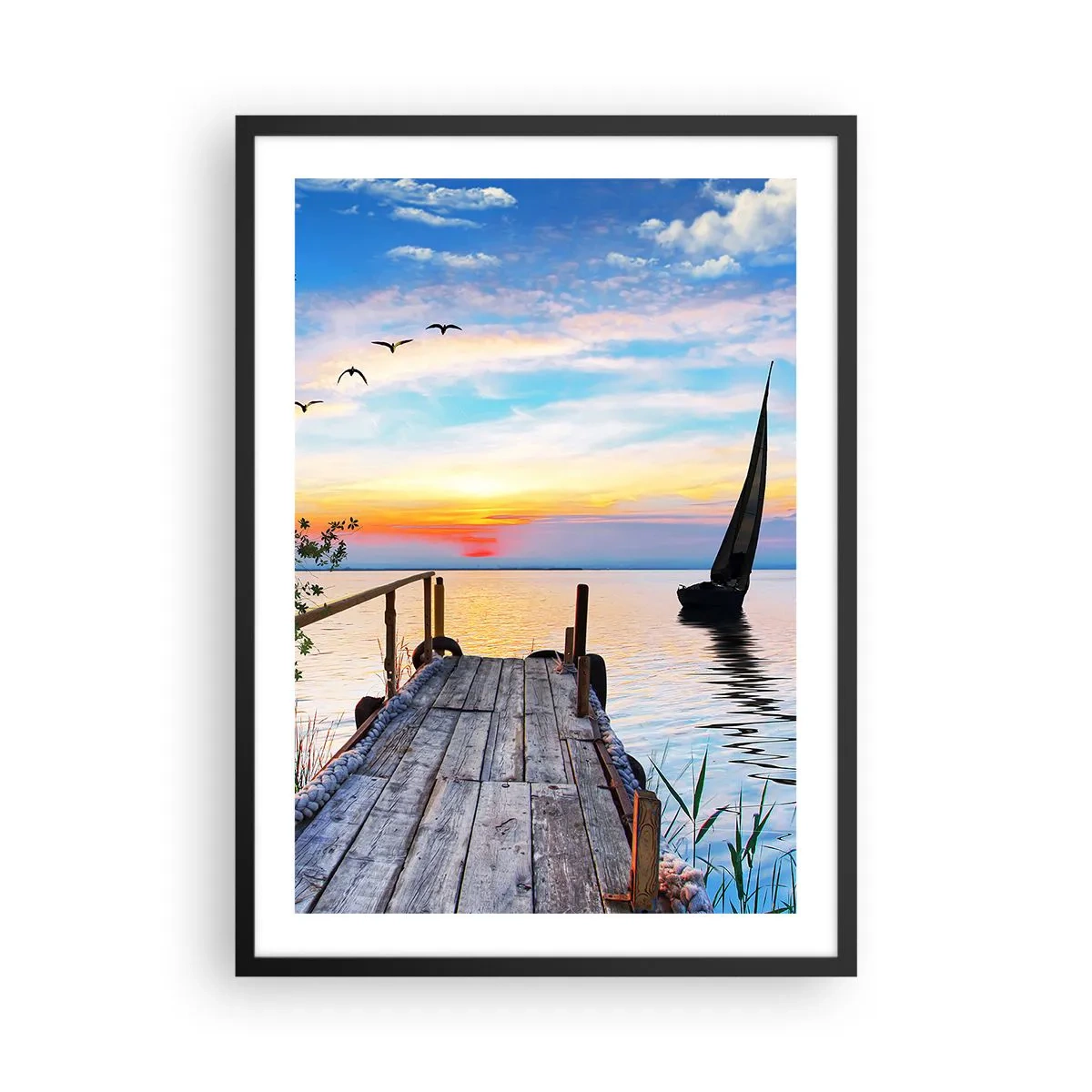 Plakat i sort ramme - Søbroen ved solnedgang - 50x70cm - Godaften - Moderne vægdekoration til stue og soveværelse ARTTOR