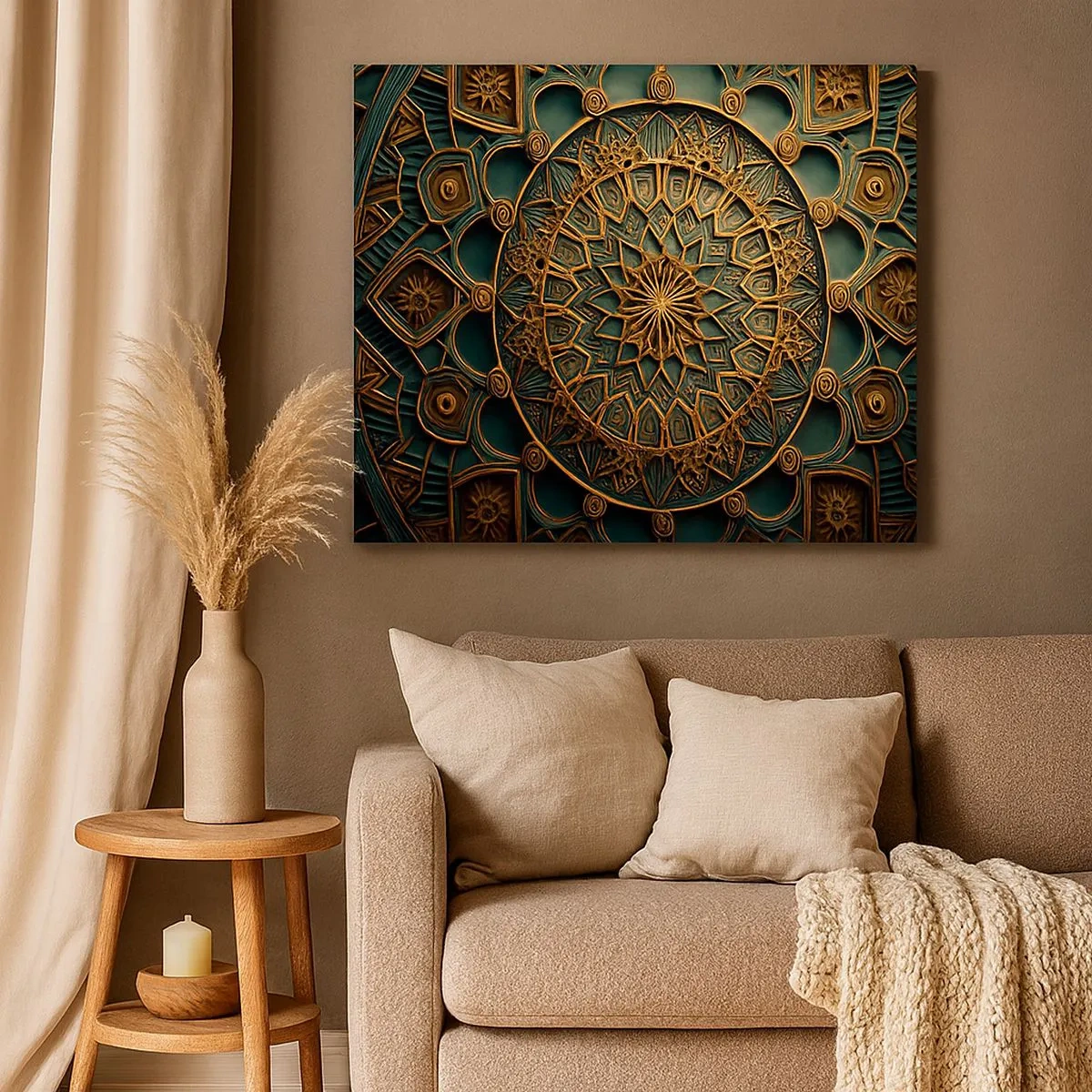 Lærredstryk - Billede på lærred - En gylden mandala på en turkis baggrund med flotte detaljer. - 70x50cm - I et arabisk klima - Moderne vægdekoration til stue og soveværelse ARTTOR