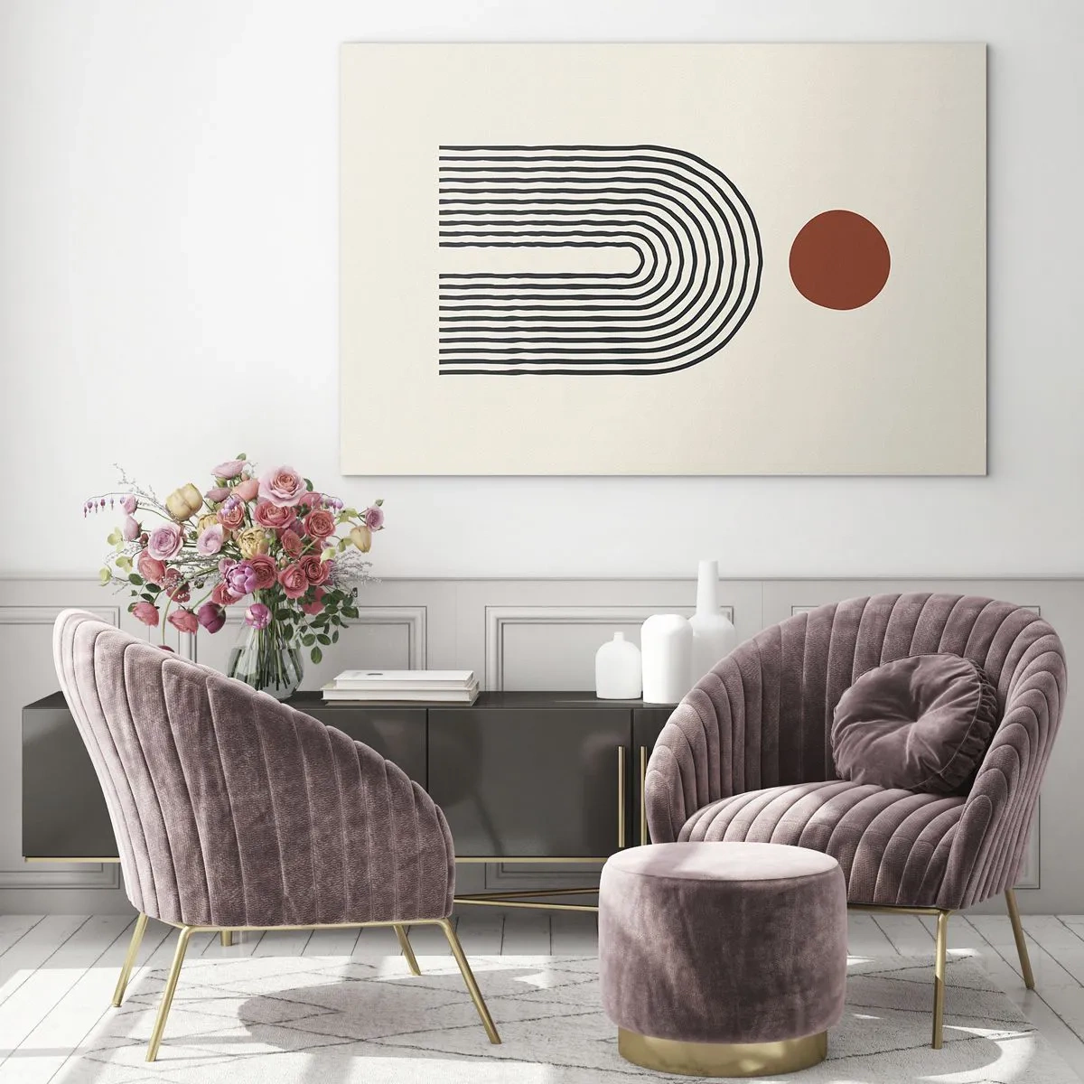Billede på glas - Grafisk abstraktion med linjer og cirkler i retrostil - 70x50cm - Magnetisme af former og farver - Moderne vægdekoration til stue og soveværelse ARTTOR