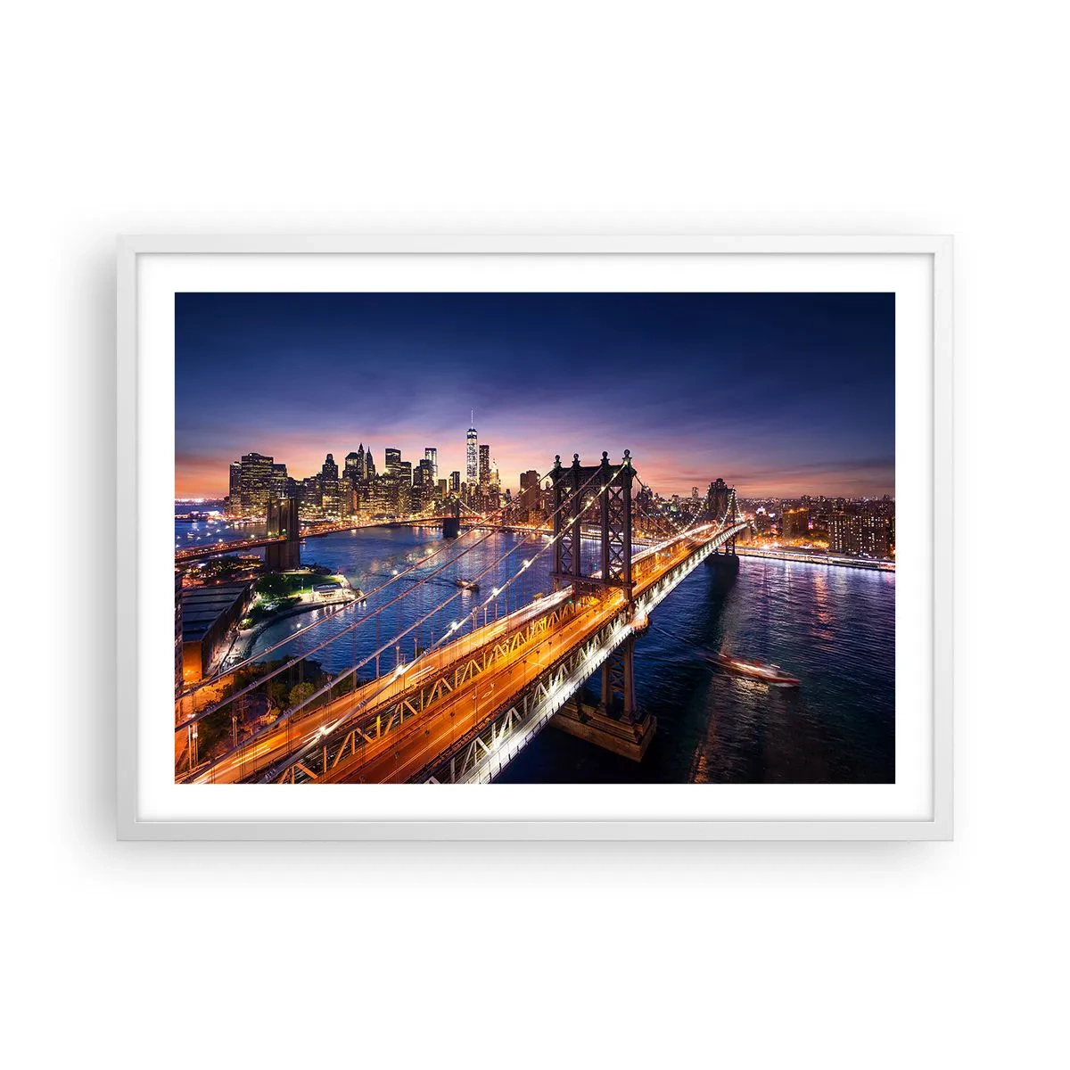 Plakat i hvid ramme - En lysende bro til hjertet af byen - 70x50 cm