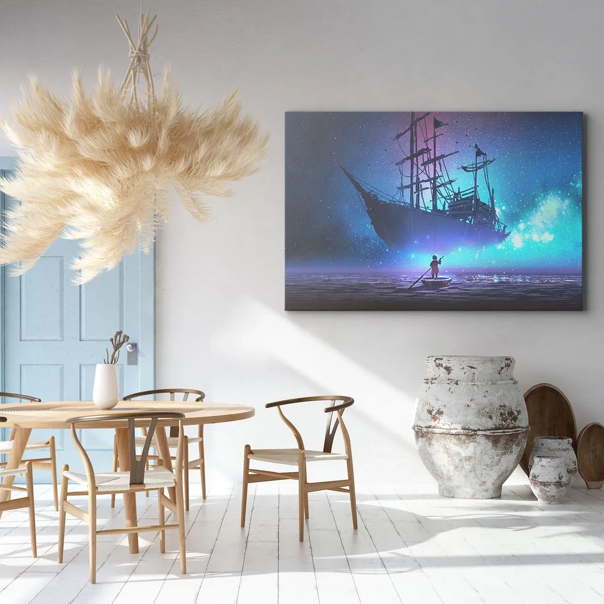 Lærredstryk - Billede på lærred - Et fantastisk skib mod stjernehimlen - 70x50cm - Et møde med myten om havet - Moderne vægdekoration til stue og soveværelse ARTTOR