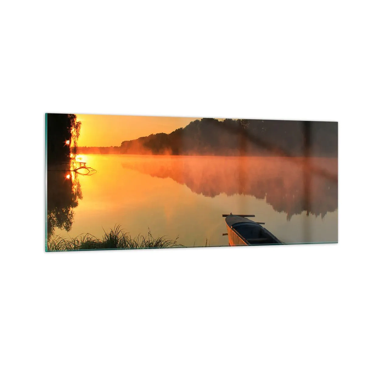 Billede på glas - Solopgang over vand som en spejlplade - 100x40 cm