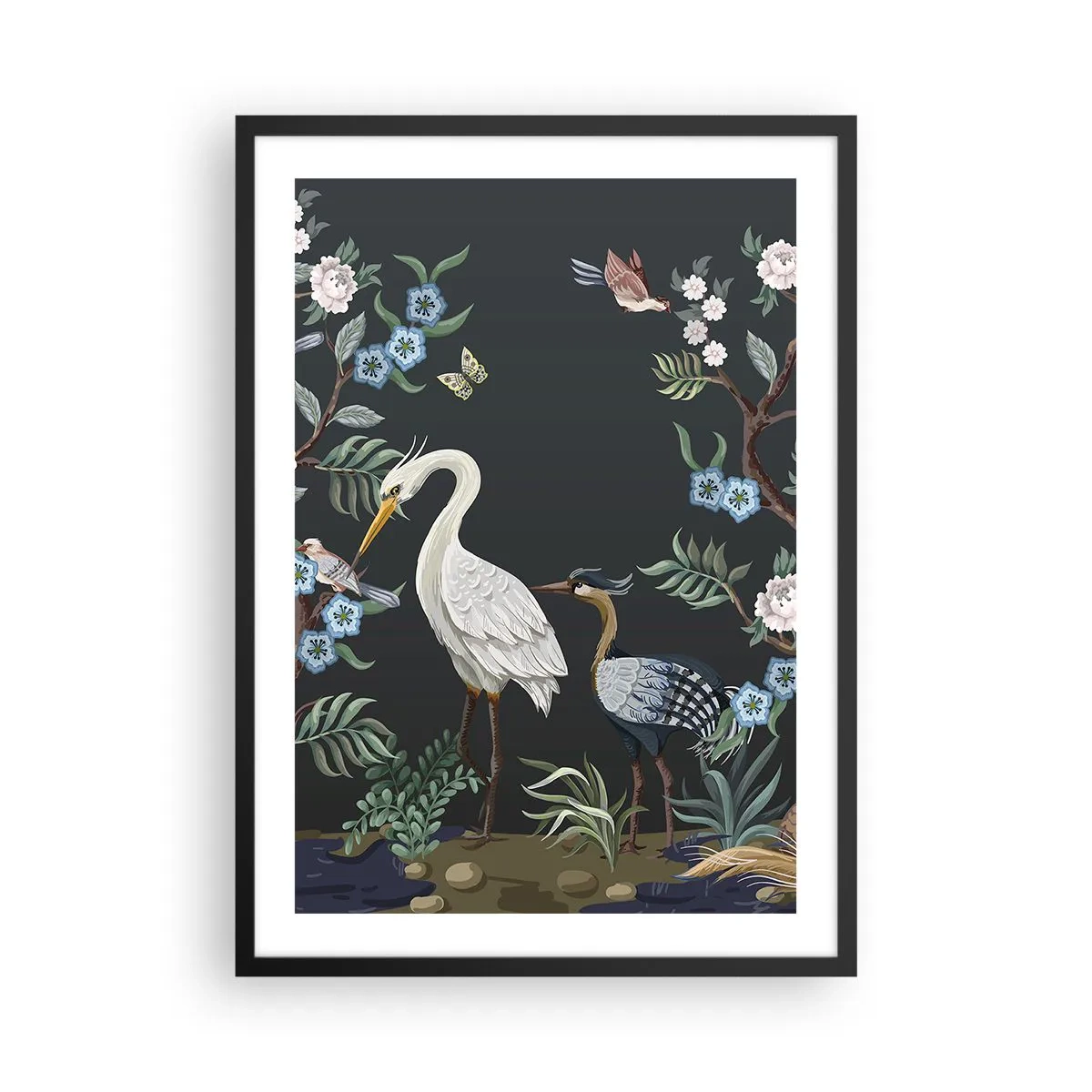 Plakat i sort ramme - Illustration af fugle blandt blomster på en mørk baggrund - 50x70cm - Fugleparade - Moderne vægdekoration til stue og soveværelse ARTTOR