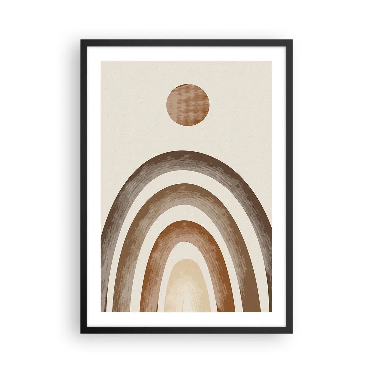 Plakat i sort ramme - Abstrakt motiv af buer og sol i jordfarver - 50x70cm - I en galakse langt, langt væk - Moderne vægdekoration til stue og soveværelse ARTTOR