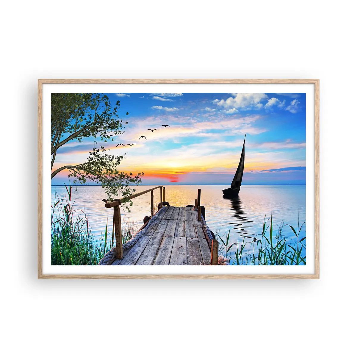 Plakat i ramme af lyst egetræ - Godaften - 100x70 cm