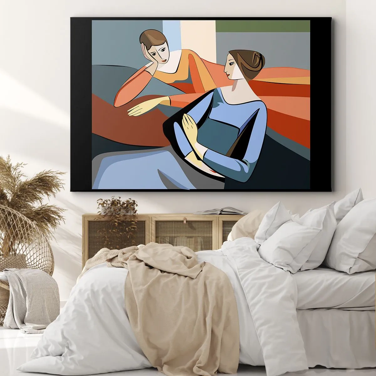 Lærredstryk - Billede på lærred - Abstrakt illustration af to kvinder i kubistisk stil - 70x50cm - Et øjeblik af fortrolighed - Moderne vægdekoration til stue og soveværelse ARTTOR