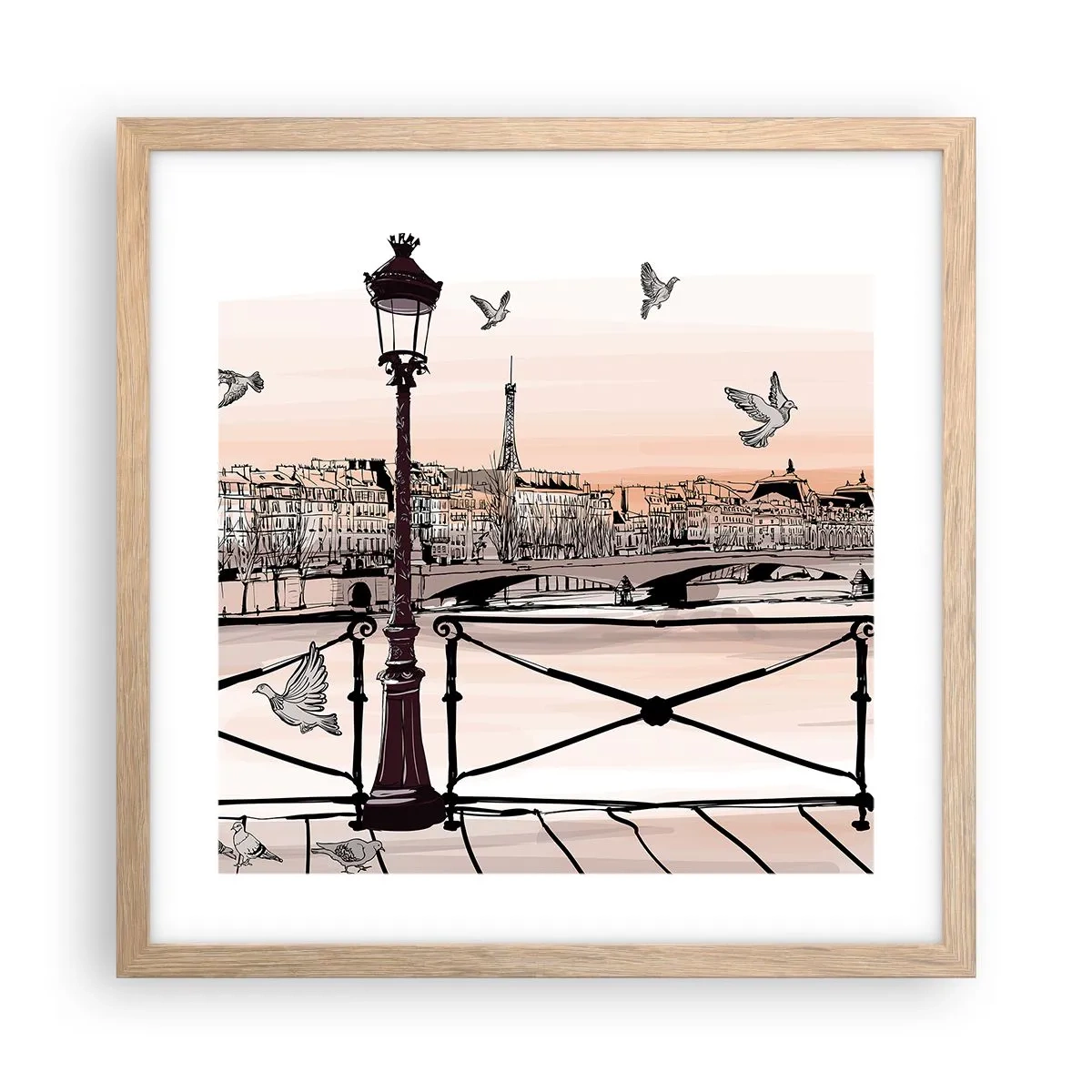 Plakat i ramme af lyst egetræ - Over Paris' hustage - 40x40 cm