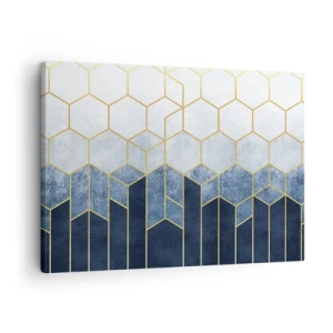 Lærredstryk - Billede på lærred - Geometrisk mønster i nuancer af guld og marineblå - 70x50cm - Komposition i synkoperet rytme - Moderne vægdekoration til stue og soveværelse ARTTOR