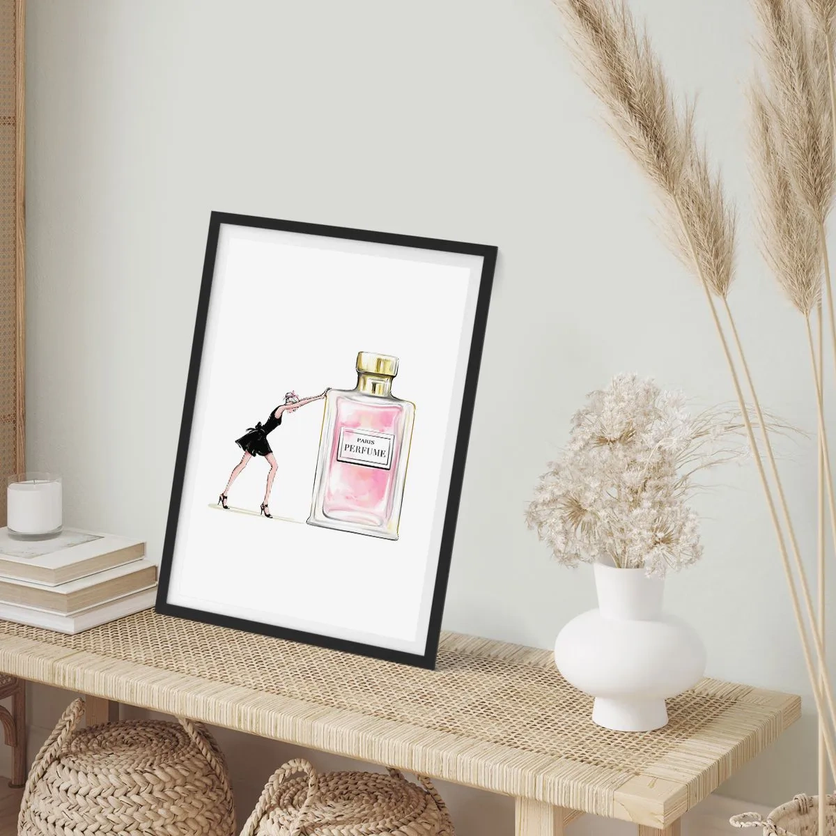 Plakat i sort ramme - Illustration af en parfumeflaske med en kvindes silhuet i en kjole - 50x70cm - Essensen af kvindelighed - Moderne vægdekoration til stue og soveværelse ARTTOR