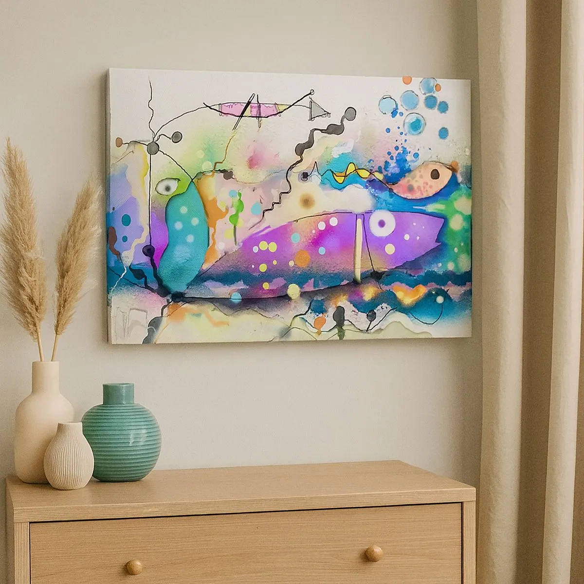 Lærredstryk - Billede på lærred - Abstrakt fisk i en farverig, surrealistisk komposition - 70x50cm - Ingen ord! - Moderne vægdekoration til stue og soveværelse ARTTOR