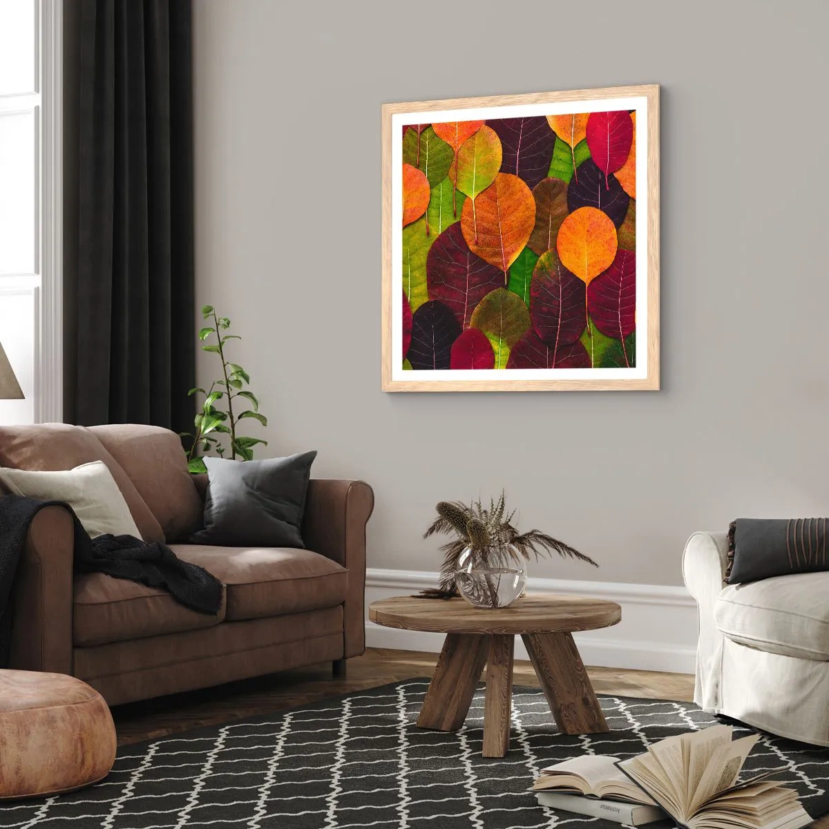 Plakat i ramme af lyst egetræ - Efterårsmosaik - 40x40 cm