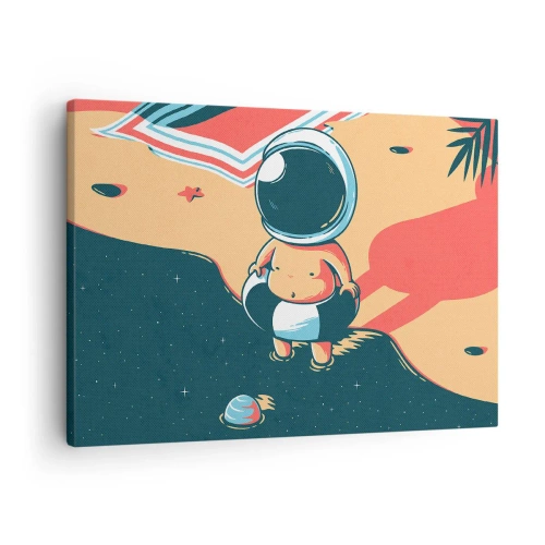 Lærredstryk - Billede på lærred - Sjov astronaut på stranden med rumelementer i baggrunden - 70x50cm - Fra et andet perspektiv - Moderne vægdekoration til stue og soveværelse ARTTOR