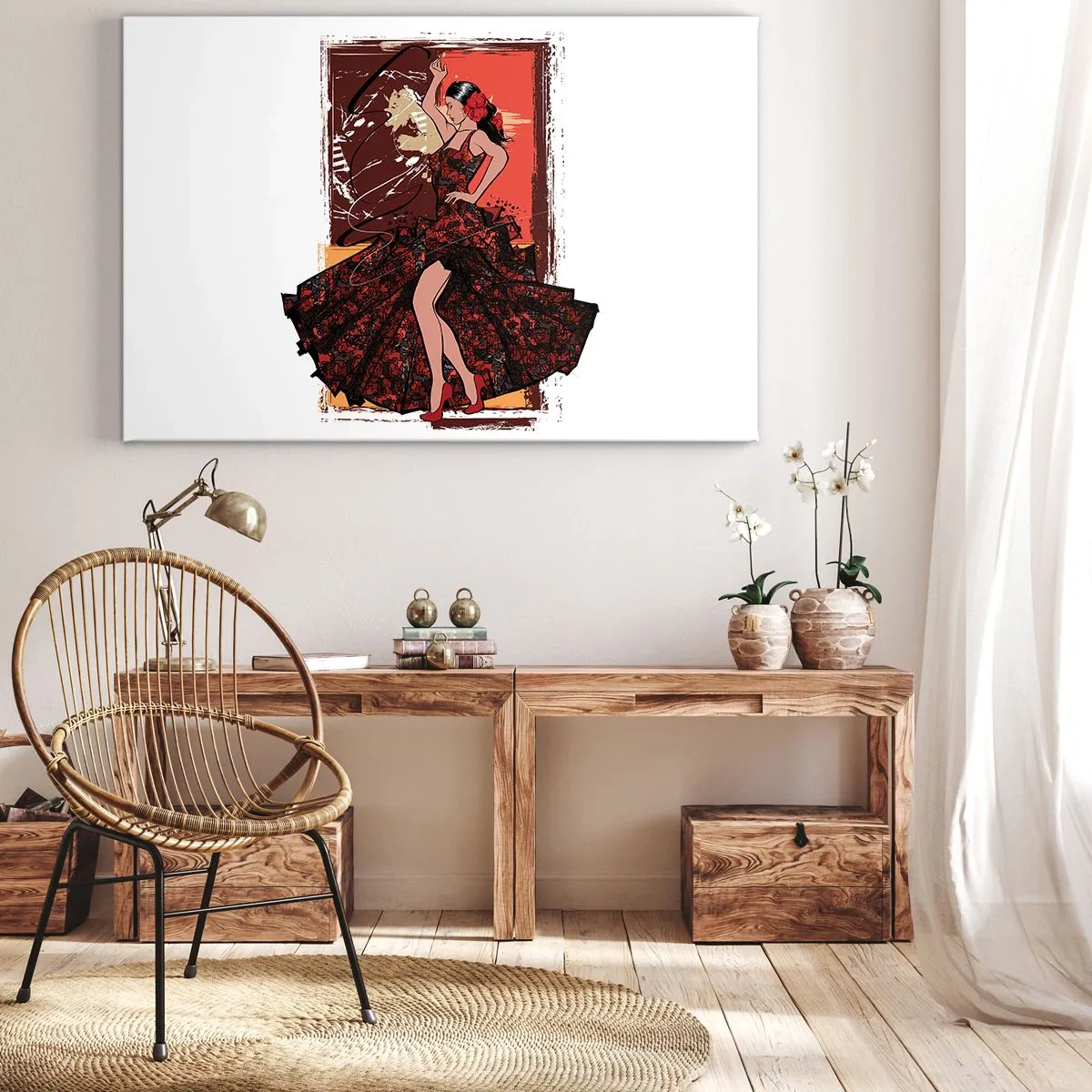 Lærredstryk - Billede på lærred - En danser i en rød og sort kjole mod en kunstnerisk baggrund - 70x50cm - I hjertets rytme - Moderne vægdekoration til stue og soveværelse ARTTOR