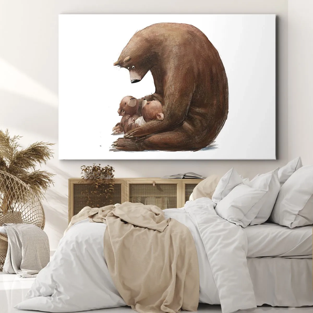Lærredstryk - Billede på lærred - En morbjørn med to små bjørne i armene - 70x50cm - Drøm sødt, børn - Moderne vægdekoration til stue og soveværelse ARTTOR
