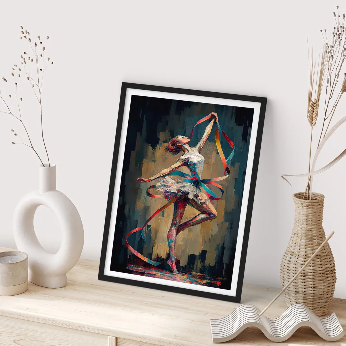 Plakat i sort ramme - En danser i en dynamisk positur med farverige bånd. - 50x70cm - Dans med et bånd - Moderne vægdekoration til stue og soveværelse ARTTOR
