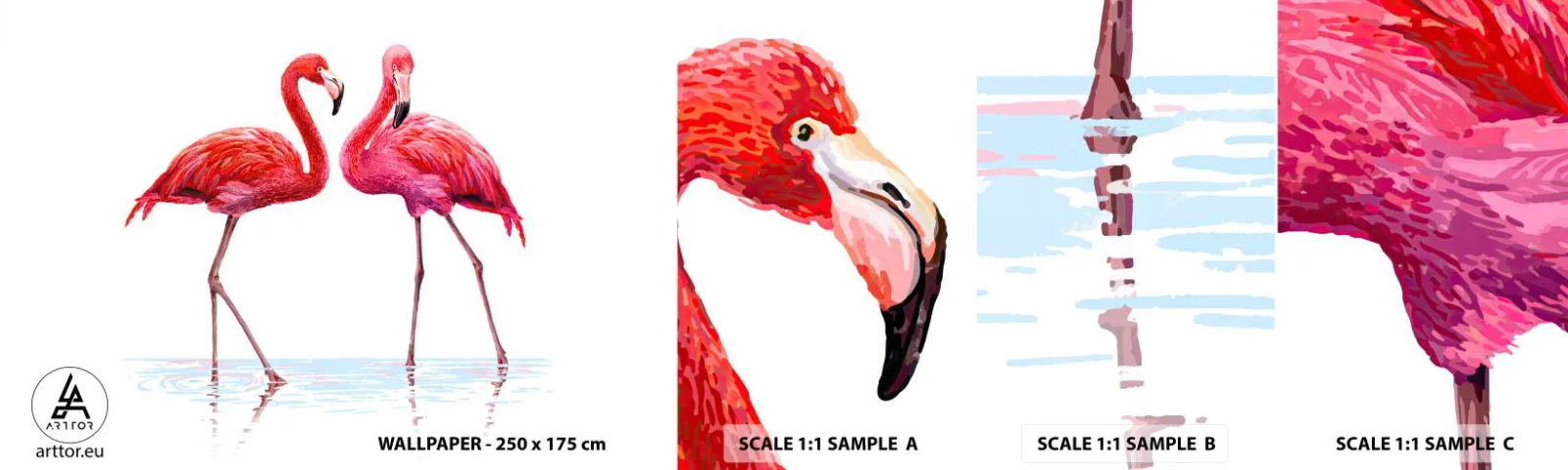 Prøve Fototapet Selvklæbende Deluxe Sticker - Lyserødt randez-vous - Flamingoer, Fugle, Stykke - 100x30 cm