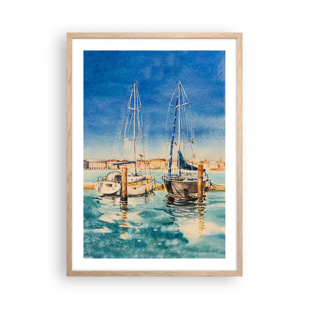 Plakat i ramme af lyst egetræ - Solrig lagune - 50x70 cm