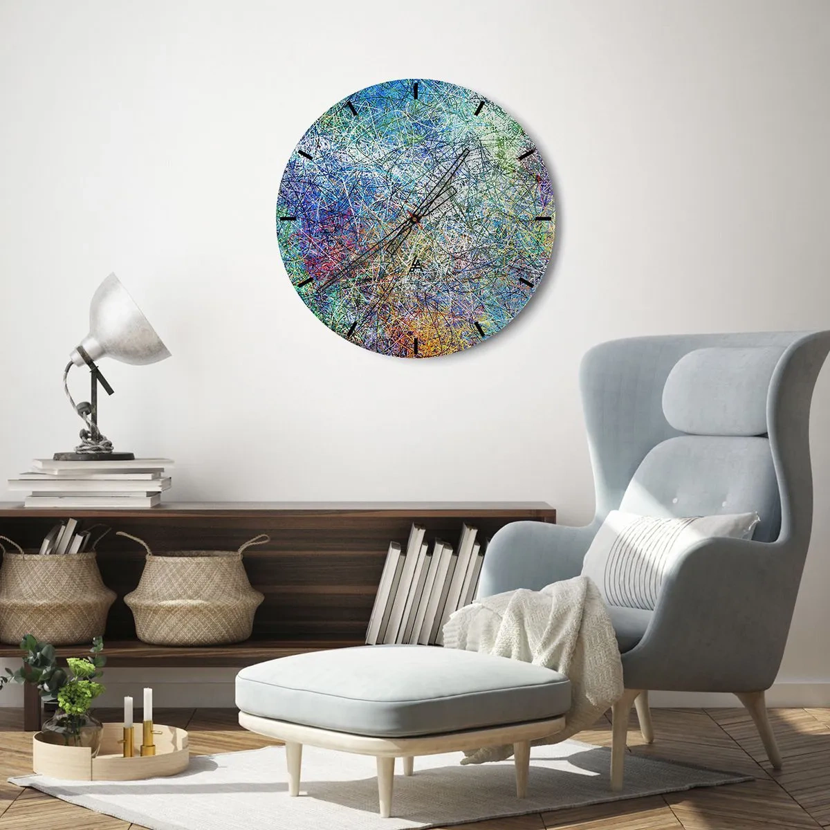 Vægur, Uret - Et abstrakt, farverigt motiv med kaotiske linjer og pletter. - 30x30cm - Så enkelt er det ikke - Moderne vægdekoration til stue, køkken og soveværelse ARTTOR