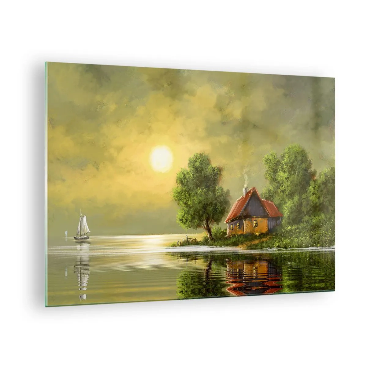 Billede på glas - Et malerisk landskab med et sommerhus ved søen ved solnedgang - 70x50cm - Smukt, som fra et billede - Moderne vægdekoration til stue og soveværelse ARTTOR