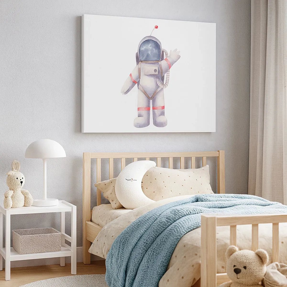 Lærredstryk - Billede på lærred - Akvarelstil astronaut på en hvid baggrund - 70x50cm - Det er alt for nu! - Moderne vægdekoration til stue og soveværelse ARTTOR