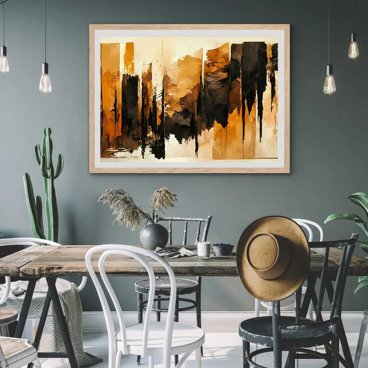 Plakat i ramme af lyst egetræ - Harmoni af sort og guld - 50x40 cm