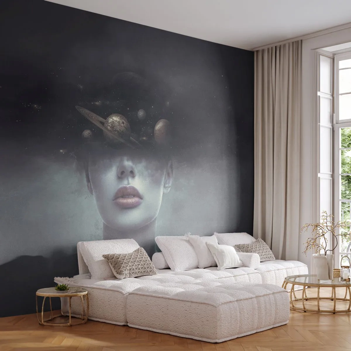 Fototapet Selvklæbende Deluxe Sticker - Og planeterne er ved at gå amok... - Abstraktion, Kvindens ansigt, Kosmos - 250x175 cm