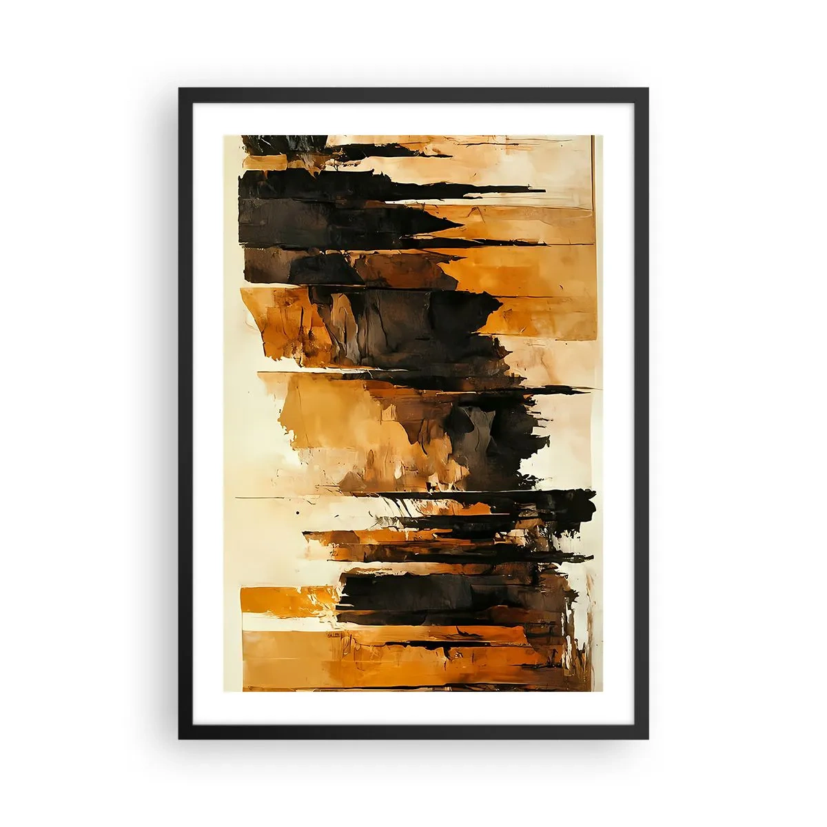 Plakat i sort ramme - En abstrakt komposition i varme brune og sorte farver. - 50x70cm - Harmoni af sort og guld - Moderne vægdekoration til stue og soveværelse ARTTOR