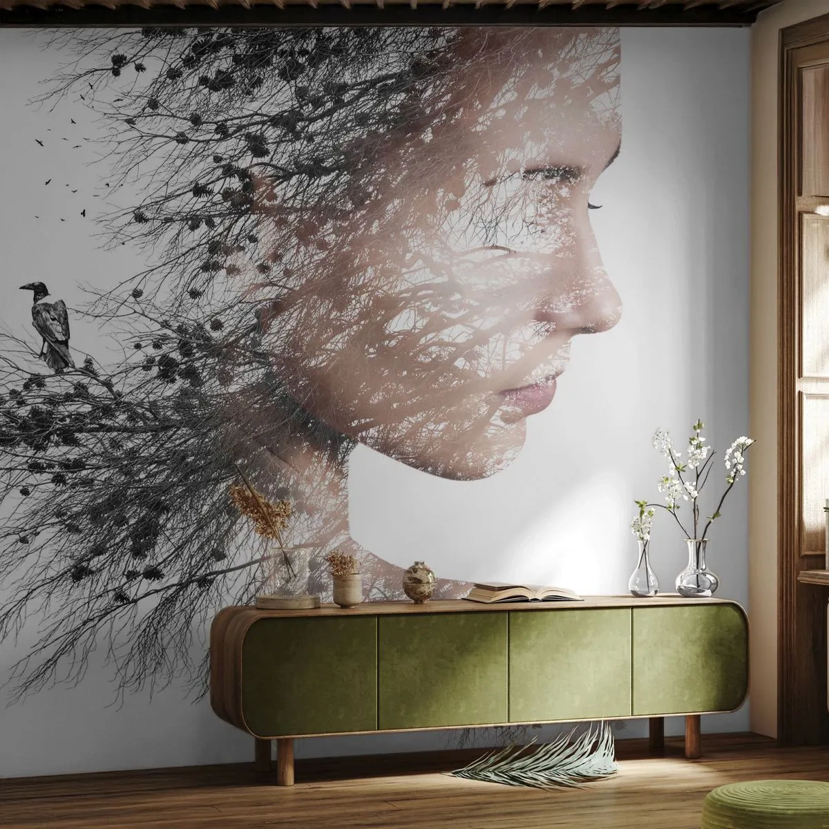 Fototapet Premium Sand - Skovens ånd - Abstraktion, Kvindens ansigt, Træ - 100x70 cm