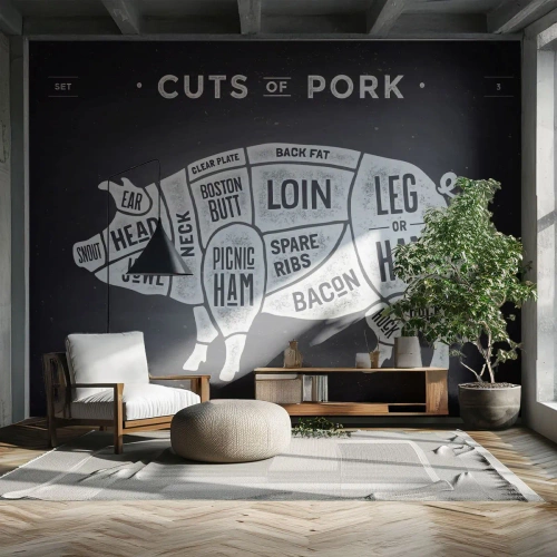 Fototapet Selvklæbende Deluxe Sticker - Slagterens grundbog - Gastronomi, Dyr Gris, Svinekød - 400x280 cm