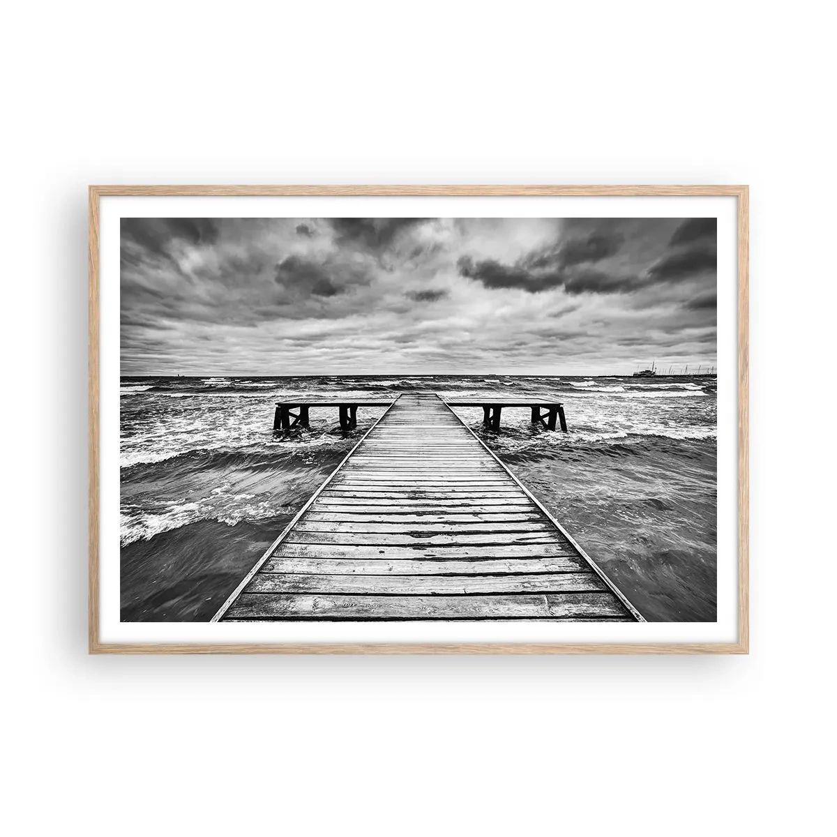 Plakat i ramme af lyst egetræ - Jeg venter på, at vinden blæser væk... - 100x70 cm