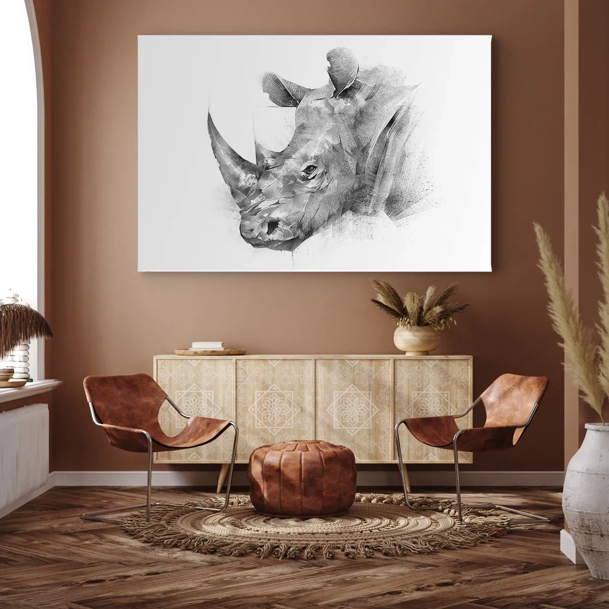 Lærredstryk - Billede på lærred - Kunstnerisk portræt af et næsehorn i sort-hvid - 70x50cm - Afrikansk portræt - Moderne vægdekoration til stue og soveværelse ARTTOR