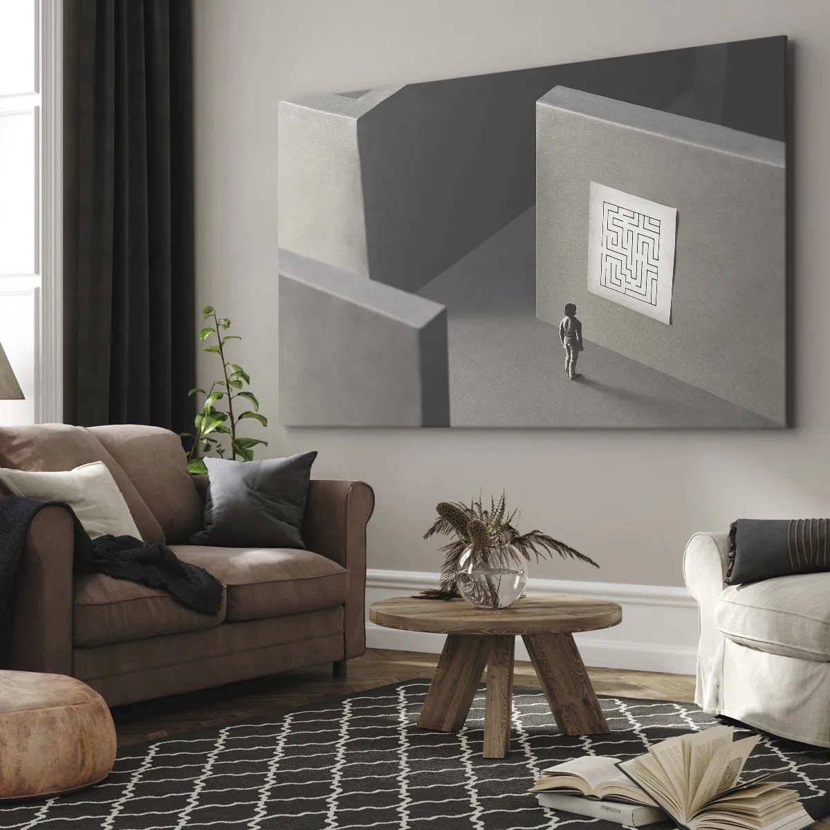 Lærredstryk - Billede på lærred - En figur i en labyrint, der kigger på et hængende kort - 70x50cm - Men hvor er jeg? - Moderne vægdekoration til stue og soveværelse ARTTOR