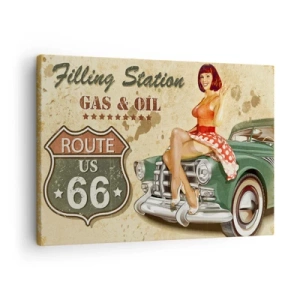 Lærredstryk - Billede på lærred - Retro Route 66-plakat med pin-up pige og bil - 70x50cm - De glorværdige 1940'ere. - Moderne vægdekoration til stue og soveværelse ARTTOR