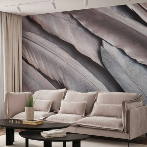 Fototapet Premium Sand - I lyserødt sølv - Fuglens fjer, Grafik, Boho - 350x256 cm