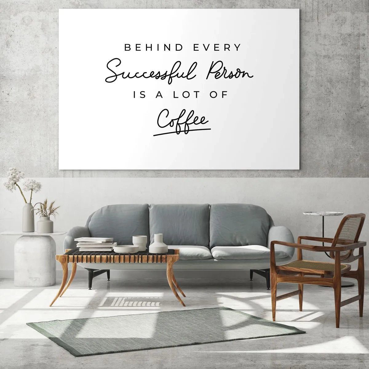 Billede på glas - Et motiverende citat om succes og kaffe i minimalistisk stil. - 70x50cm - Hemmeligheden bag succes - Moderne vægdekoration til stue og soveværelse ARTTOR
