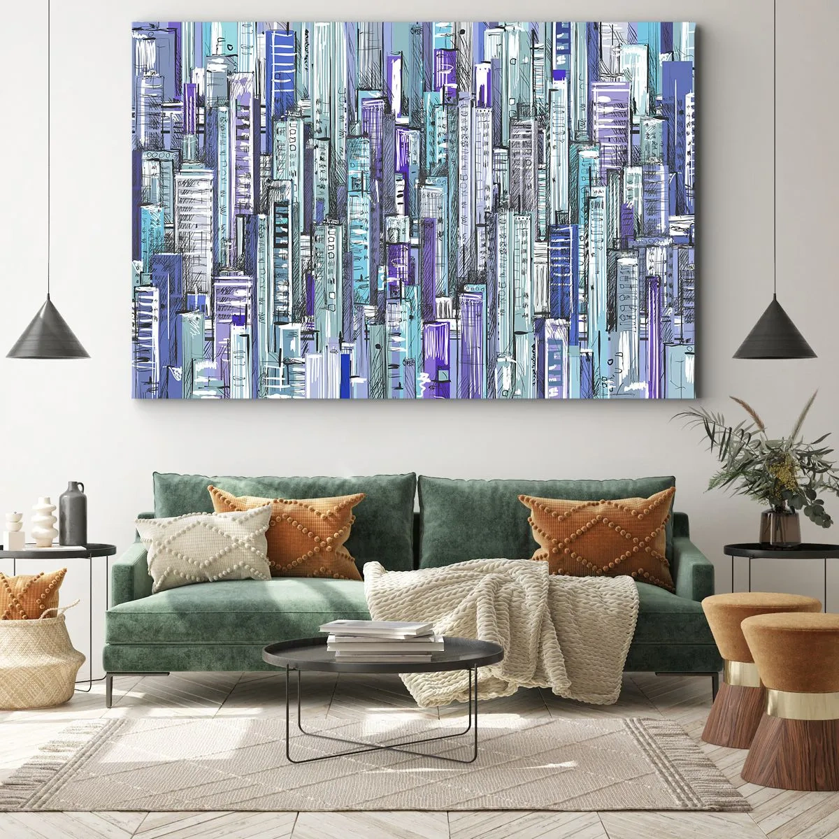 Lærredstryk - Billede på lærred - Illustration af en by med geometriske bygninger i nuancer af blå og lilla. - 70x50cm - Blå fra himlen - Moderne vægdekoration til stue og soveværelse ARTTOR