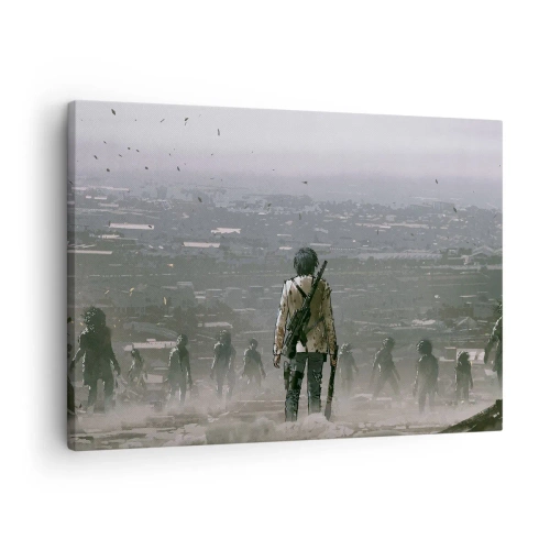 Lærredstryk - Billede på lærred - En figur med en pistol står foran en gruppe i et dystopisk landskab. - 70x50cm - Den sidste retfærdige person? - Moderne vægdekoration til stue og soveværelse ARTTOR