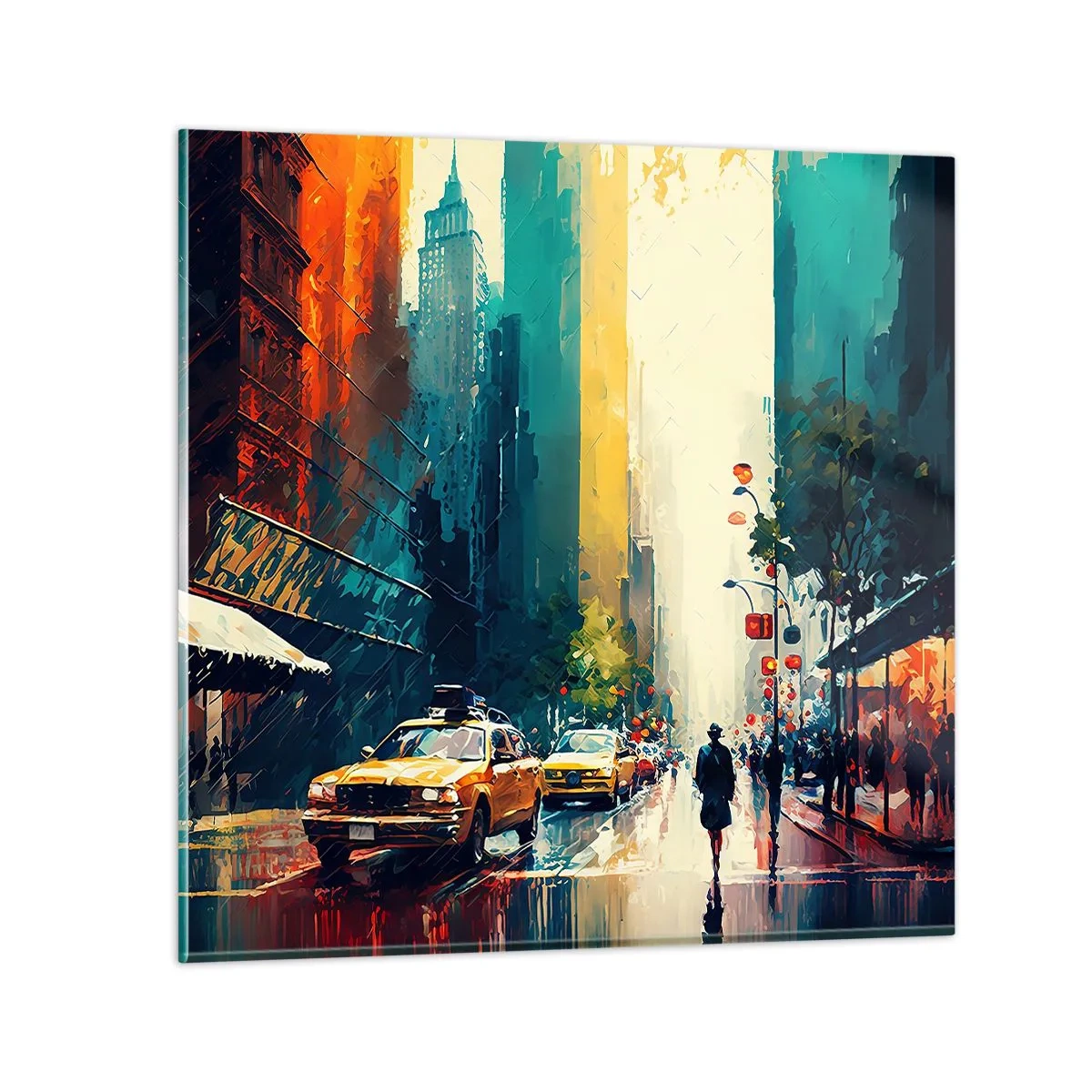Billede på glas - New York - her er selv regnen farverig - 40x40 cm