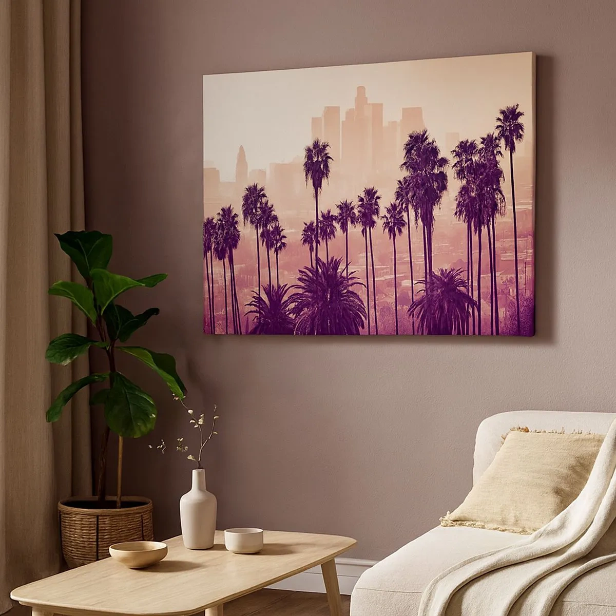 Lærredstryk - Billede på lærred - Palmer mod baggrunden af et bylandskab i varme farver - 70x50cm - Landskab i Californien - Moderne vægdekoration til stue og soveværelse ARTTOR