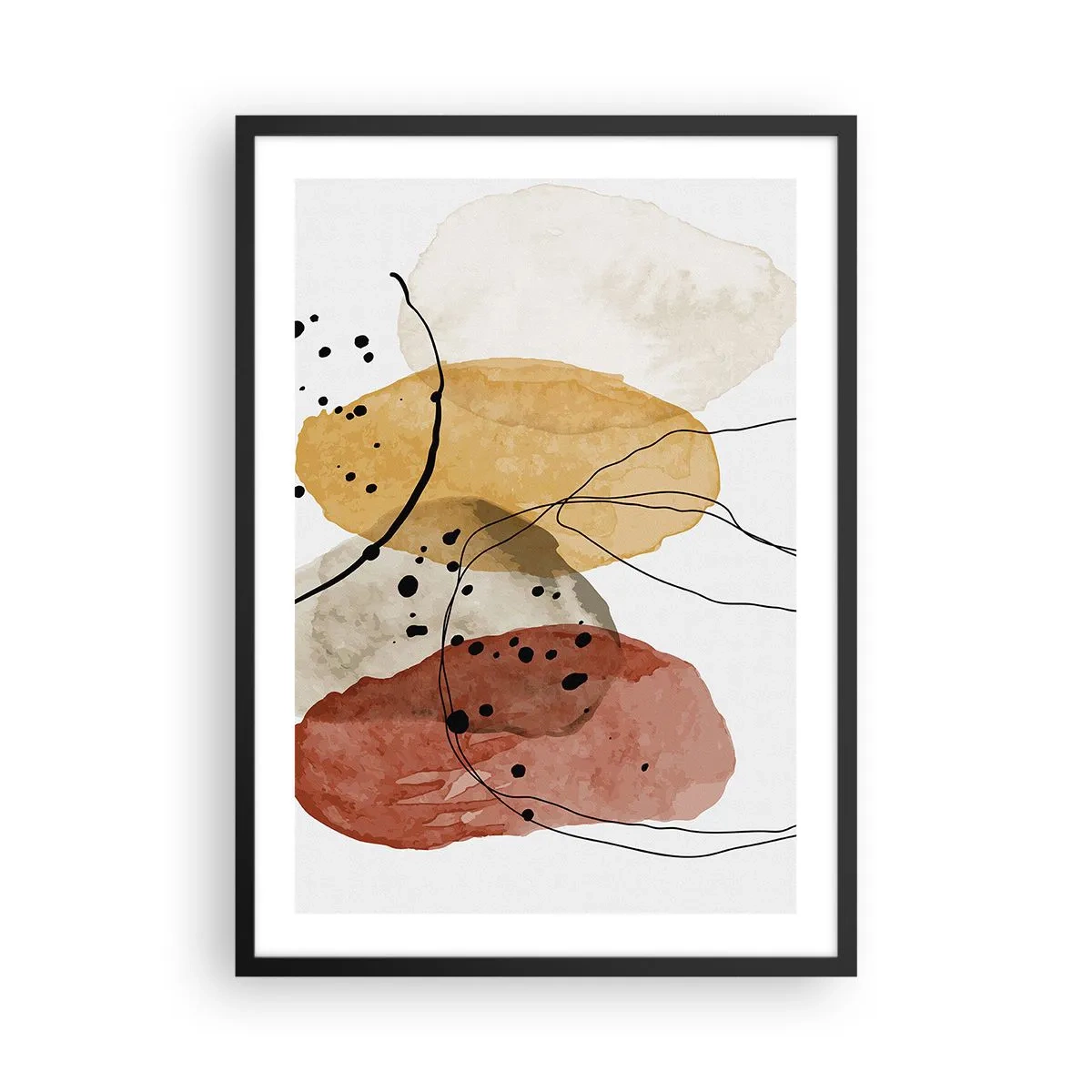 Plakat i sort ramme - Abstrakte former i beige, gule og røde nuancer - 50x70cm - Som lys, klar luft - Moderne vægdekoration til stue og soveværelse ARTTOR
